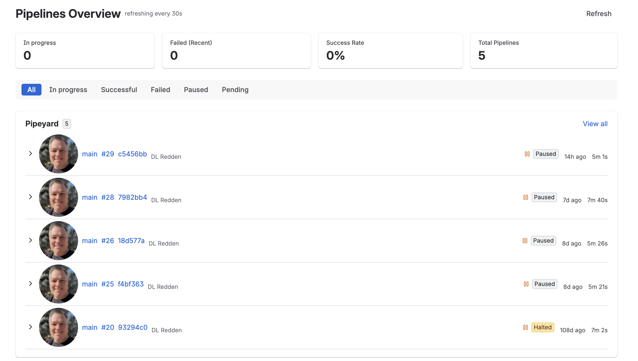 Pipelines overview dashboard with summary cards and filter tabs
