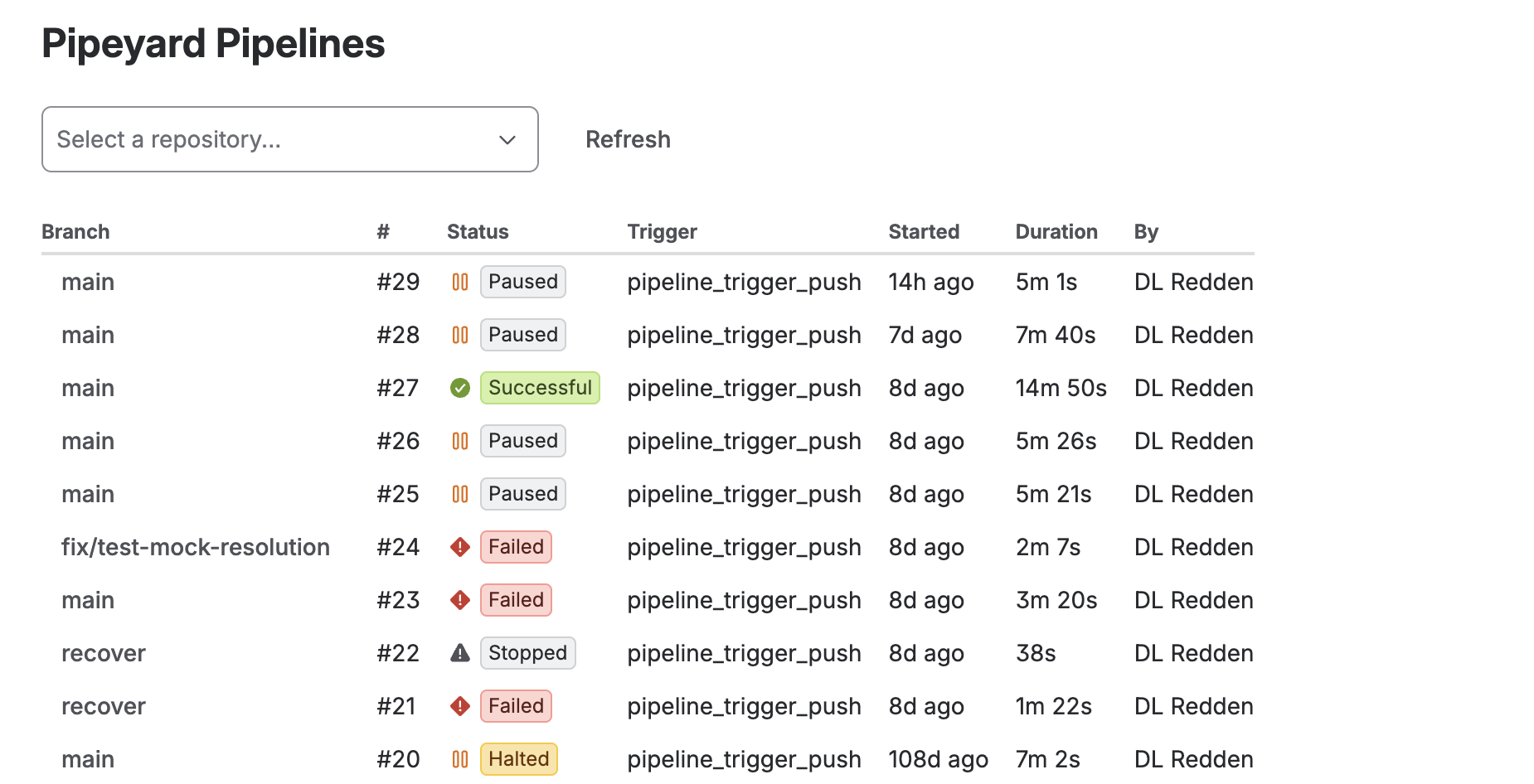 Repository pipeline list with build numbers, statuses, and durations
