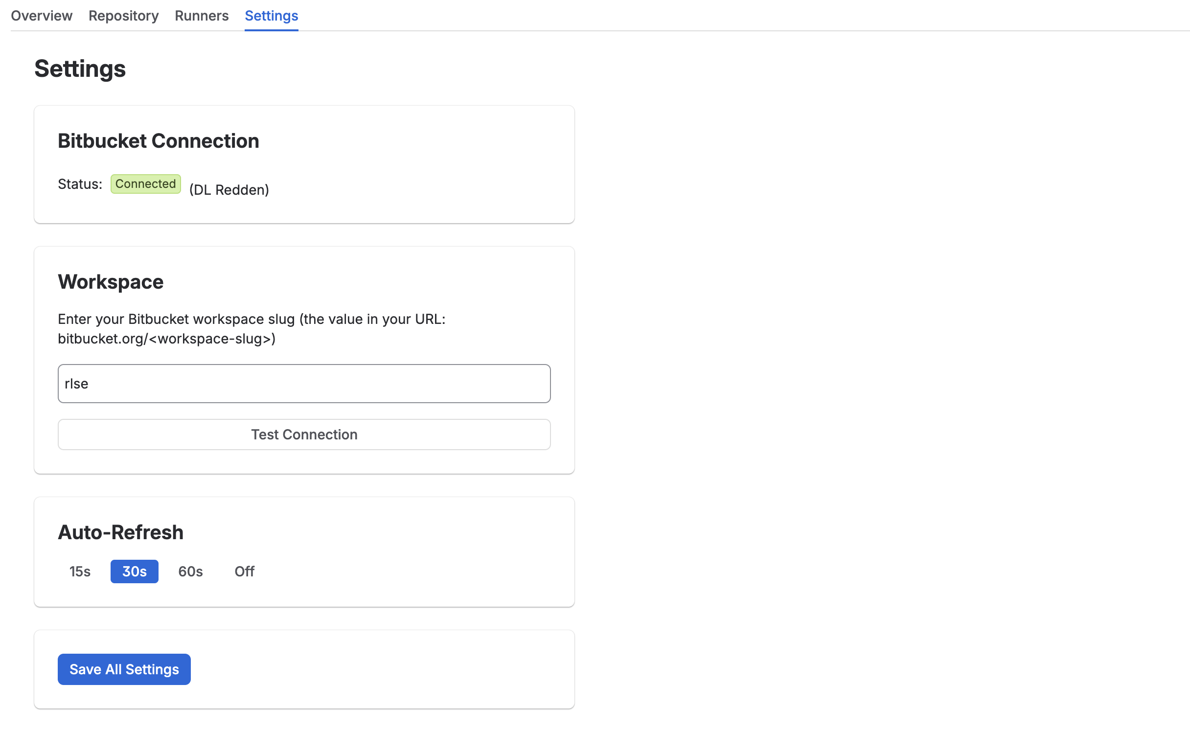 Pipeyard settings panel showing Bitbucket connection, workspace slug, and auto-refresh options